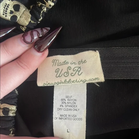 PUG Peasant Dress In Gold Foil Skull Lace Ponte size L - Picture 4 of 5